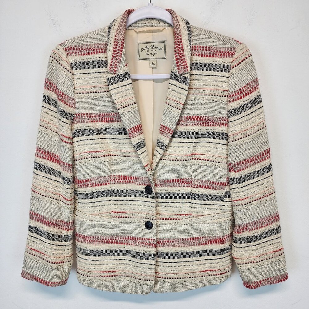 Lucky Brand Womens Tweed Blazer Size 6 Cream Red Stripe Lady Jacket Coastal